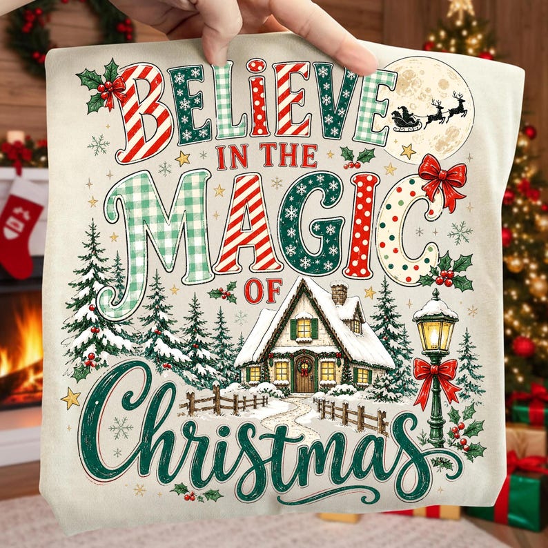 Image of Believe in the Magic of Christmas PNG, Retro Christmas Cottage Sublimation, Holiday Winter Shirt Design, Digital Download