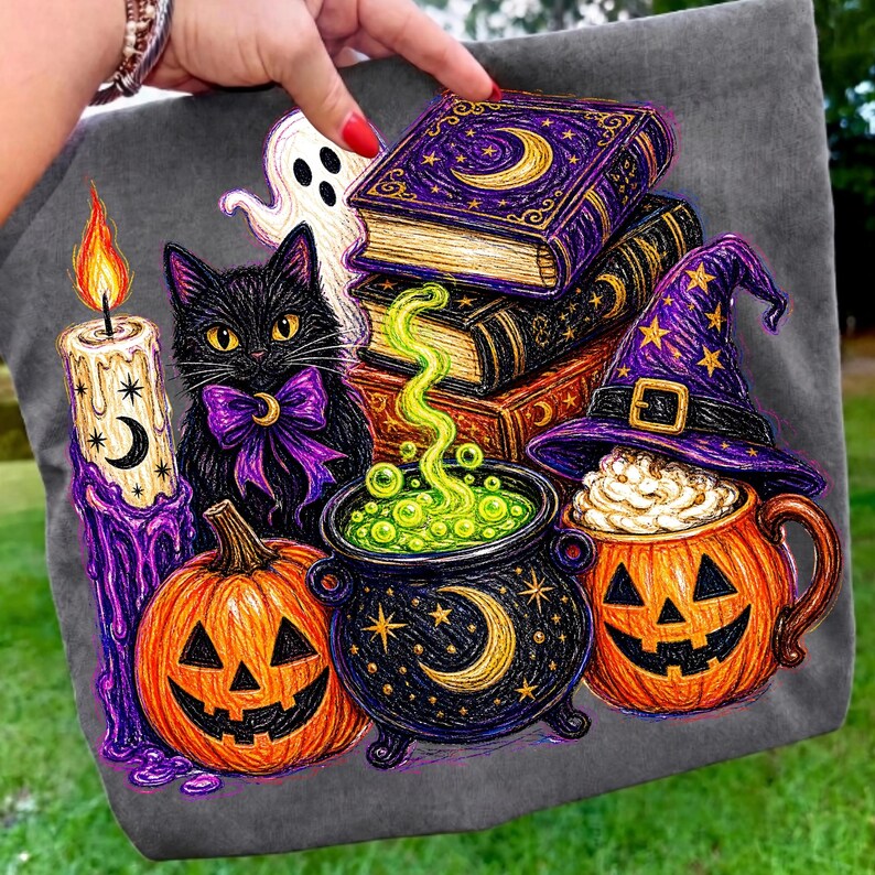 Image of Halloween Witch PNG, Black Cat Cauldron Pumpkin Spooky Season Sublimation Design
