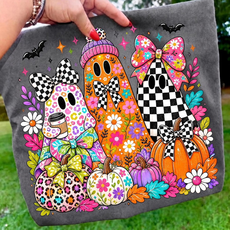 Preppy Halloween Ghost PNG with Colorful Floral Pumpkin and Bow
