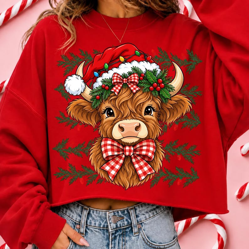 Puede incluir: Una sudadera corta de color rojo brillante con el gr&aacute;fico de una vaca Highland marr&oacute;n y peluda que lleva un gorro de Pap&aacute; Noel rojo con luces navide&ntilde;as, una corona de acebo verde y un gran lazo a cuadros rojos y blancos sobre ramas de pino.