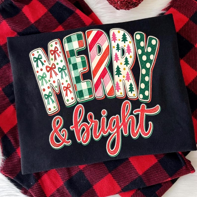 Image of Merry and Bright Christmas PNG, Preppy Christmas Sublimation, Trendy Holiday Digital Download