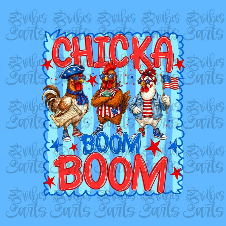 Example of Patriotic Chicken PNG on a white t-shirt, showcasing the 'Chick Boom Boom' design.