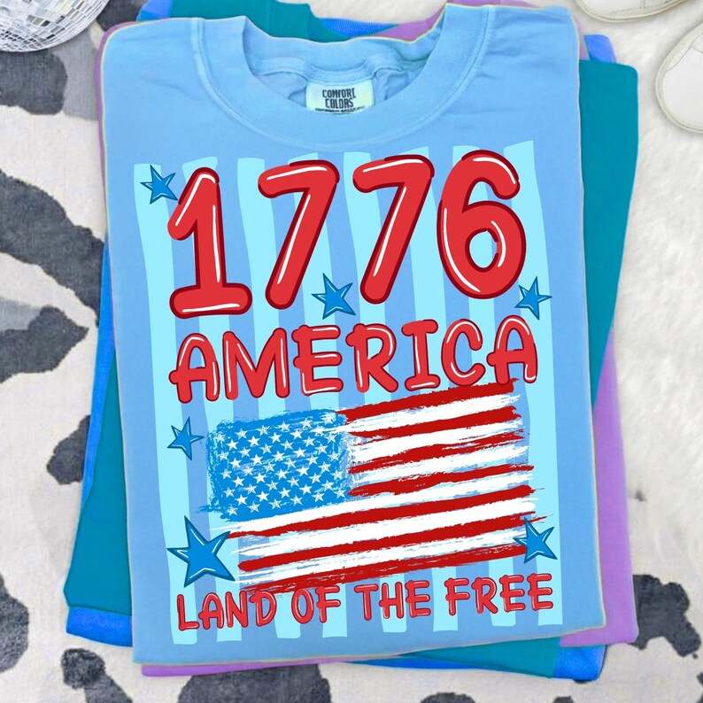 Image of Retro 1776 America Land of The Free Png, 4th Of July Png, Patriotic Sublimation Shirt Design, Independence Day Png, Red White Blue USA Flag