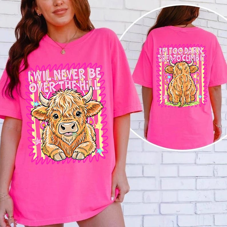 Highland Cow Funny Over The Hill T-Shirt Design Mockup