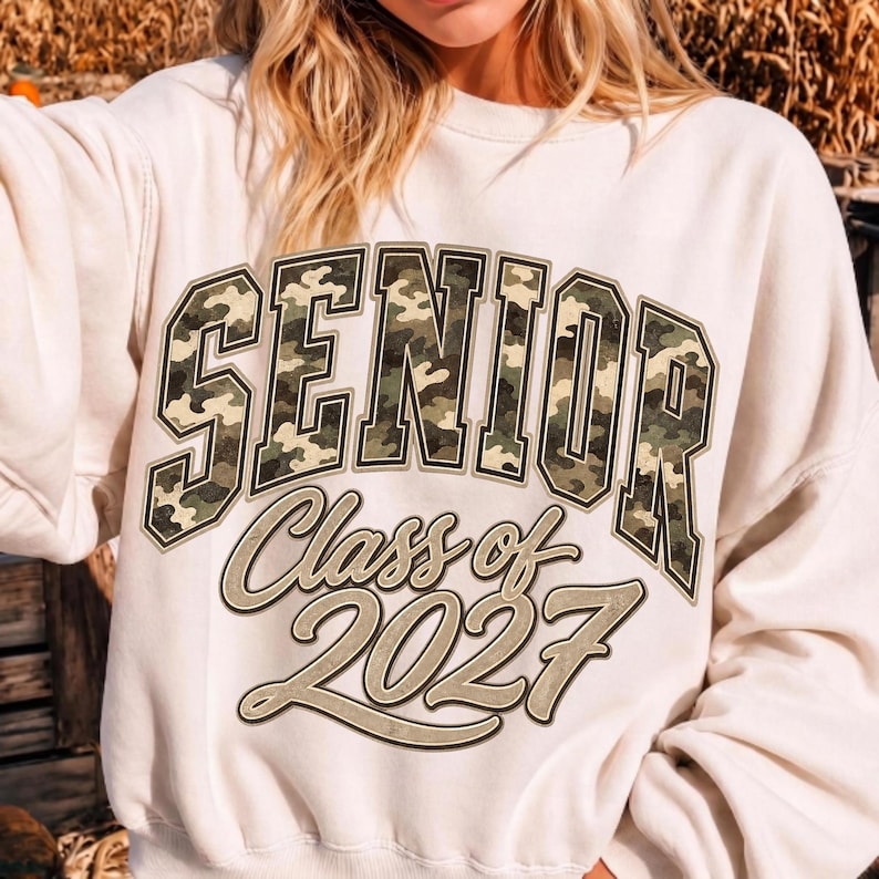 Image of Senior Class of 2027 PNG, Camo Senior Graduation Design, Class of 2027 Shirt Graphic, Retro Camouflage Digital Download