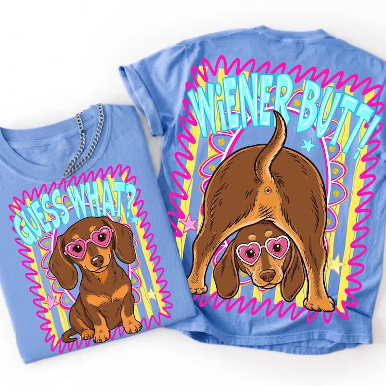 Sarcastic Dachshund 'Guess What Wiener Butt' sublimation design with preppy stripes