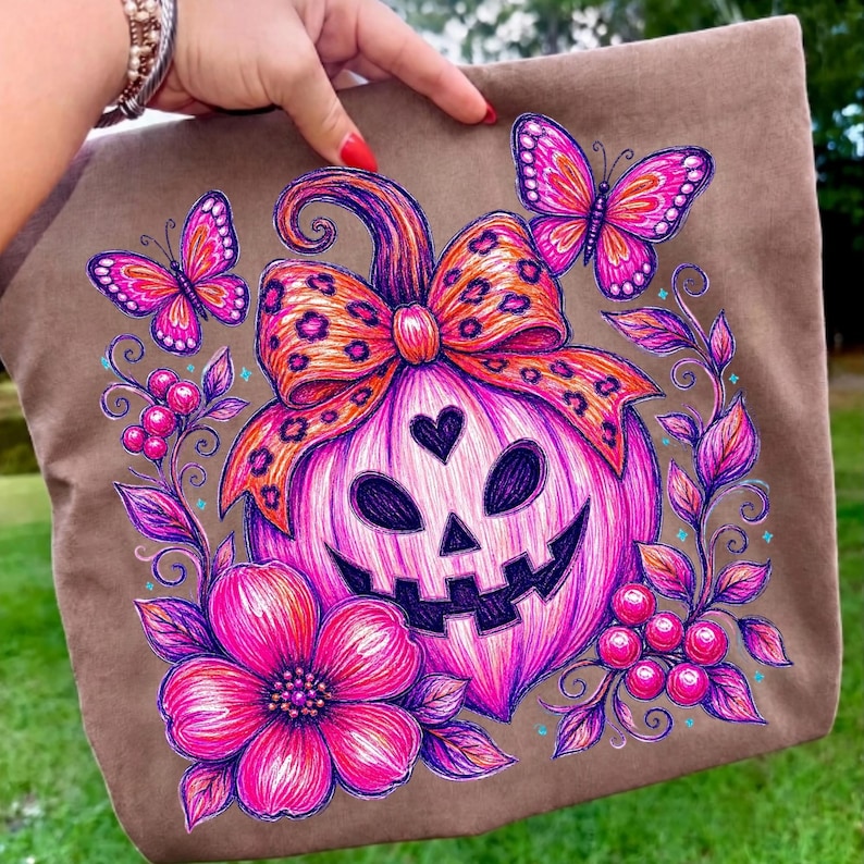 K&ouml;nnte beinhalten: Eine braune Tragetasche mit einer lebendigen Illustration eines rosa K&uuml;rbisgesichts mit herzf&ouml;rmiger Nase, gekr&ouml;nt von einer orangefarbenen Schleife mit Leopardenmuster. Das Design zeigt pinke Schmetterlinge, gro&szlig;e Blumen und kleine Beeren.