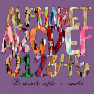 Colorful Brushstroke Alphabet PNG: Abstract Painted Letters & Numbers for DIY Sublimation Art