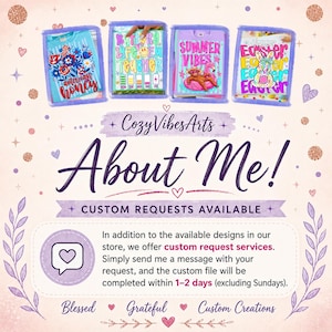 May include: A digital graphic titled About Me by CozyVibesArts featuring four t-shirt designs: American Honey with red and blue flowers, Battery Life of a Teacher with battery icons, Summer Vibes with a flamingo, and Easter with a floral bunny.