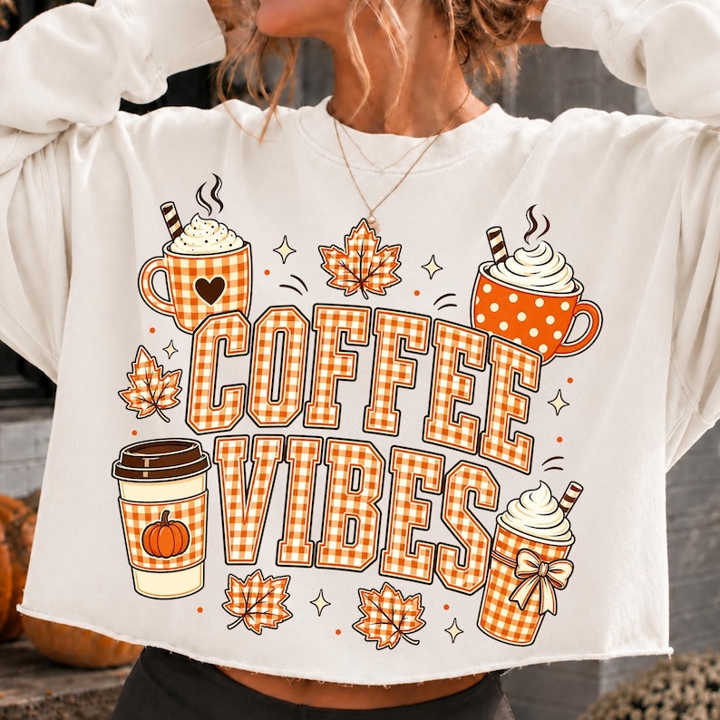 Fall Coffee Vibes PNG with Orange Gingham Pumpkin Spice Latte Design