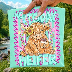 May include: A light teal tote bag featuring a cartoon Highland cow with a sunflower and coffee cup. The text "NOT TODAY HEIFER" is in a bubble letter font, surrounded by a pink wavy border and stars.