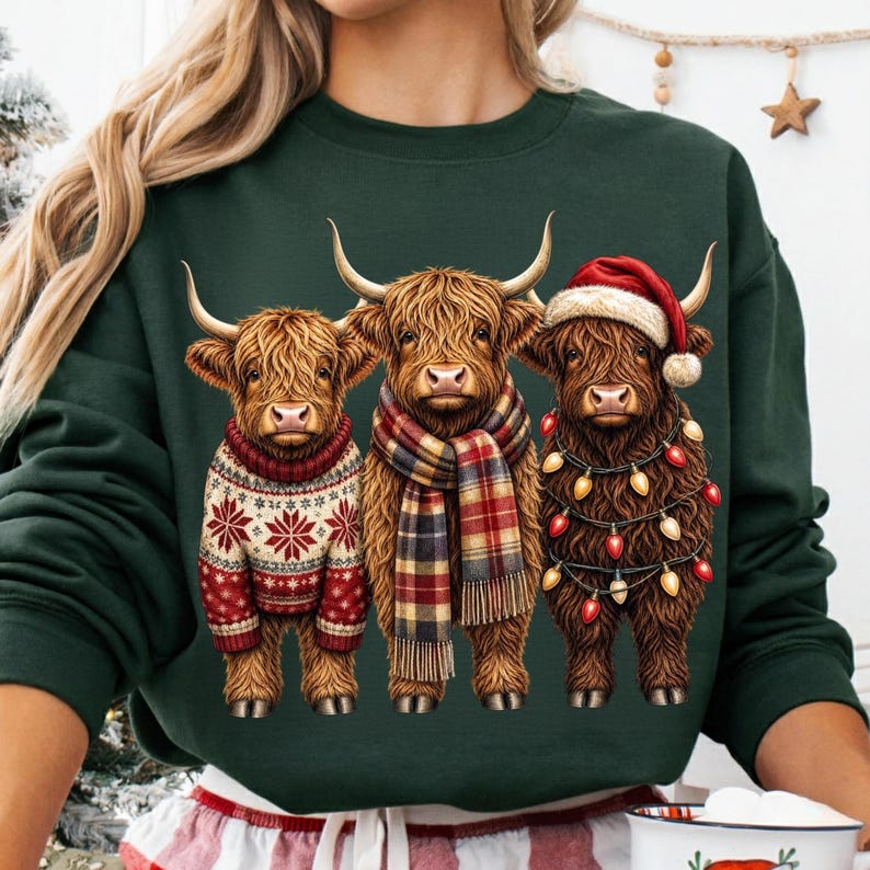 Festive Highland Cow Christmas T-shirt Design