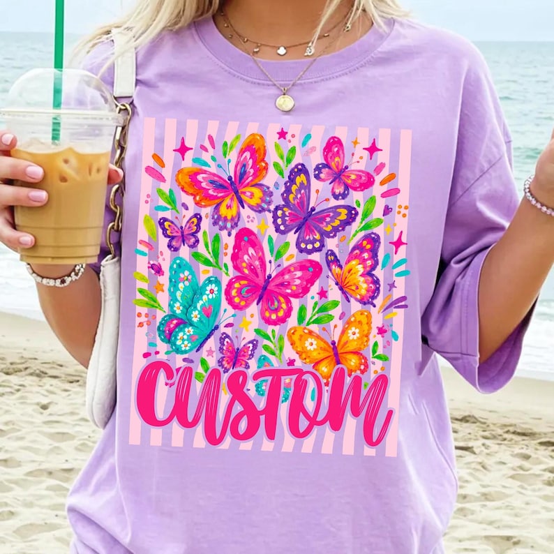 Image of Butterfly Custom Text Tshirt PNG Alphabet, Personalized Teacher Shirt Design, Create Your Own School Name Shirt,Customizable Women Tee