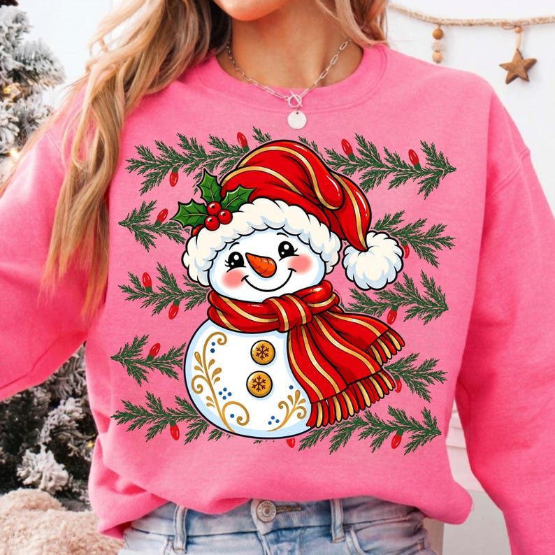 Image of Striped Snowman Sequin PNG, Glittery Girly Christmas Snowman Sublimation, Cute Winter Holiday Shirt Design, Digital Download