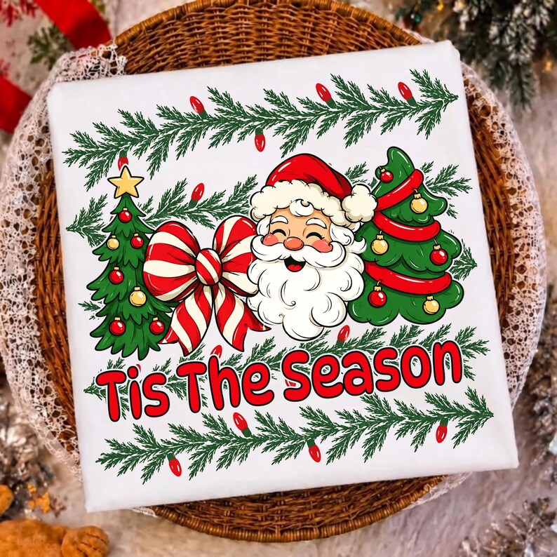 Image of Tis The Season PNG, Santa Christmas PNG, Coquette Bow Christmas Tree Sublimation, Holiday Shirt Design, Digital Download