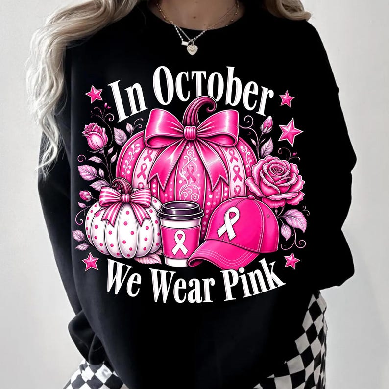Image of In October We Wear Pink PNG, Breast Cancer Awareness Pumpkin Sublimation, Pink Ribbon Fall Shirt Design, Digital Download