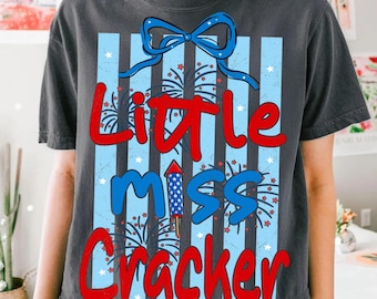 Preppy Little Miss Firecracker PNG 4th of July Kids Patriotic Fireworks Design Red White and Blue Bow Sublimation Trendy Independence Day