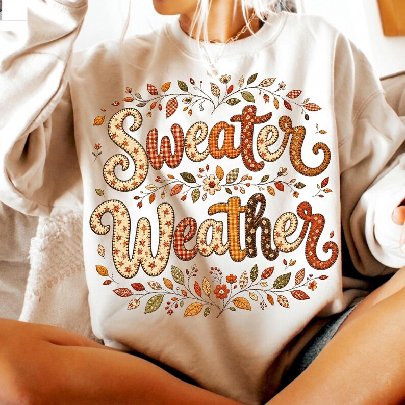 Image of Sweater Weather PNG, Retro Fall Floral Sublimation, Cozy Autumn Shirt Design, Thanksgiving Digital Download