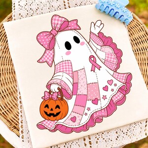 Pink Ghost Breast Cancer PNG, Patchwork Halloween Ghost PNG, Pink Ribbon Pumpkin Ghost, October Awareness Sublimation Design