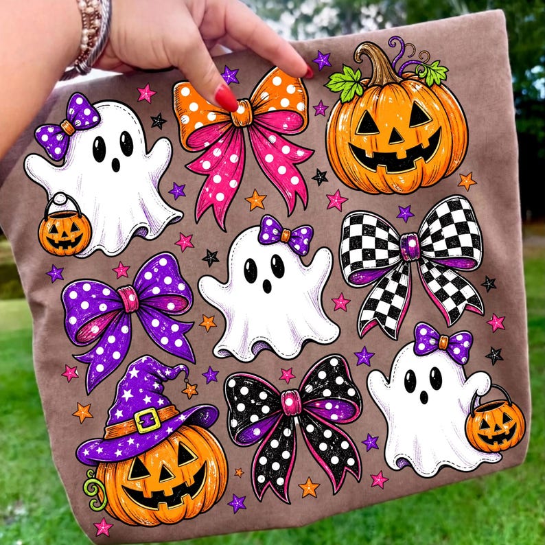 Image of Preppy Halloween PNG, Coquette Ghost Bow Sublimation, Cute Pumpkin Halloween Collage, Girly Spooky Season Digital Download