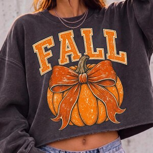 May include: A charcoal gray cropped sweatshirt featuring the word FALL in distressed orange block letters above a graphic of a bright orange pumpkin tied with a large, matching orange ribbon bow. The design has a textured, vintage-inspired finish.
