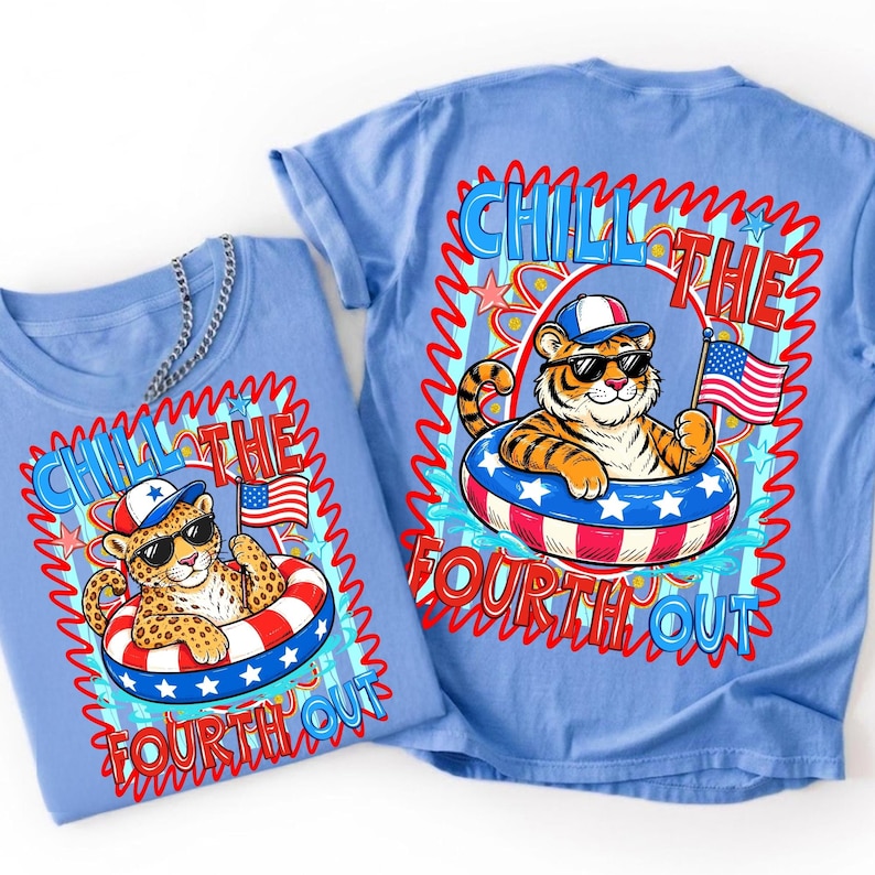 Custom 4th of July shirts and mugs created with the Funny Patriotic Animal PNG design.