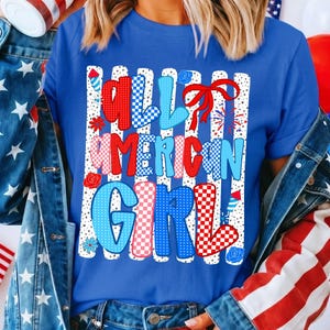 Retro 4 juli PNG, Preppy Patriotisk USA-design, All American Girl Sublimation, Röd Vit Blå Randig Blommig, Självständighetsdagen bild 4