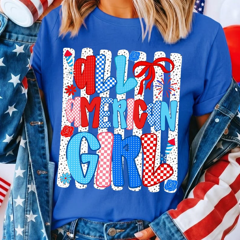 Retro 4 juli PNG, Preppy Patriotisk USA-design, All American Girl Sublimation, Röd Vit Blå Randig Blommig, Självständighetsdagen bild 4