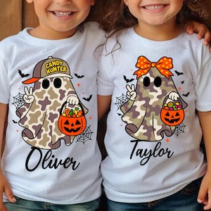 Customizable Camouflage Halloween Ghost PNG: Kids Candy Hunter Clipart with Ball Cap & Bow