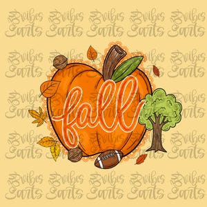 Puede incluir: Una ilustraci&oacute;n gr&aacute;fica que presenta una calabaza naranja grande con la palabra fall escrita en letra cursiva blanca. El dise&ntilde;o incluye un &aacute;rbol verde, un bal&oacute;n de f&uacute;tbol americano marr&oacute;n, nueces y hojas de oto&ntilde;o sobre un fondo amarillo.