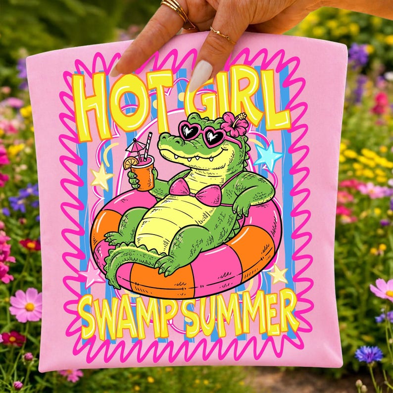 Image of Hot Girl Swamp Summer PNG Sublimation Design, Funny Sassy Alligator Leopard Preppy Clipart, Retro Beach Summer Vacation DTF Tee Graphic