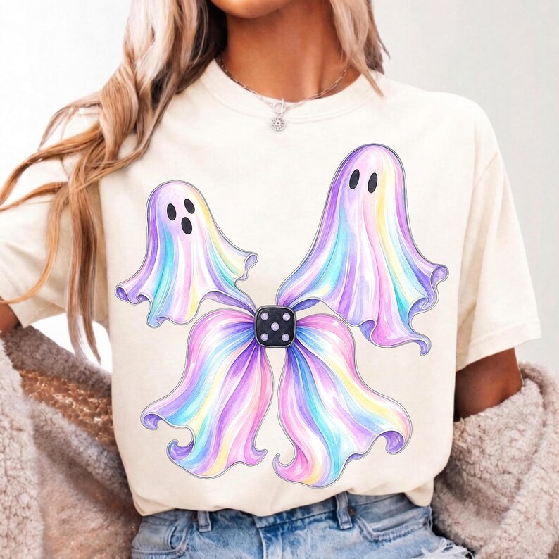 May include: A cream-coloured short-sleeve t-shirt featuring a graphic print of two ghosts with iridescent, pastel-coloured, flowing fabric-like bodies. The ghosts are positioned around a central black square die with white dots.