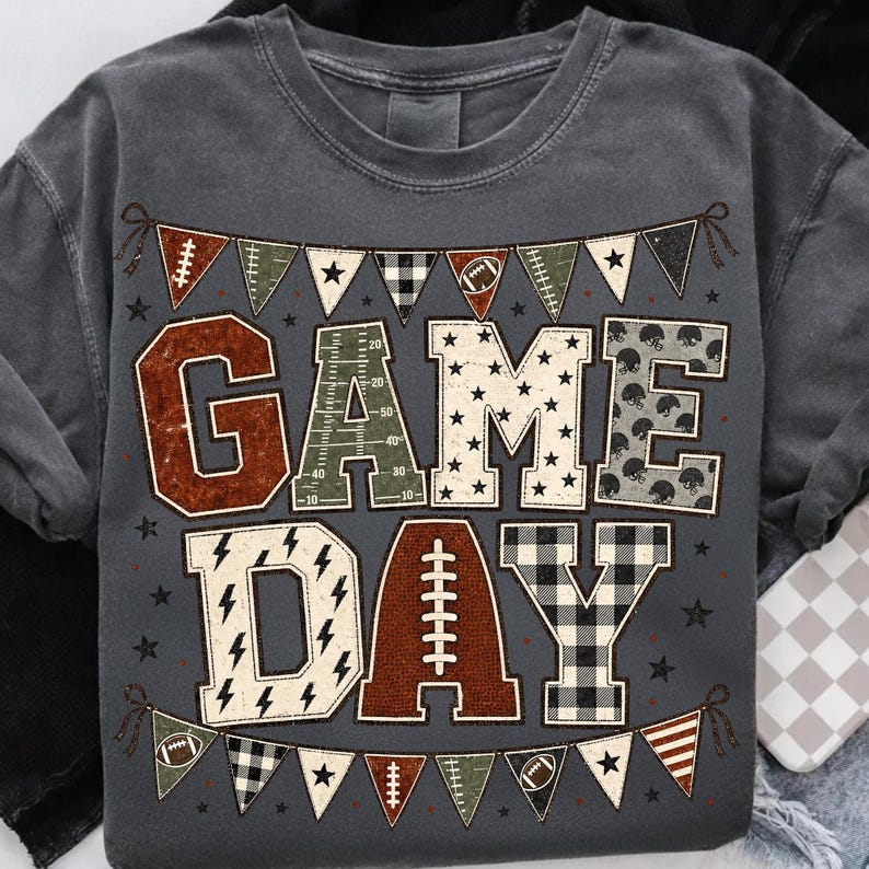 Image of Game Day Football PNG, Retro Patchwork Football Sublimation, Preppy Game Day Shirt Design, Sports Mom Digital Download