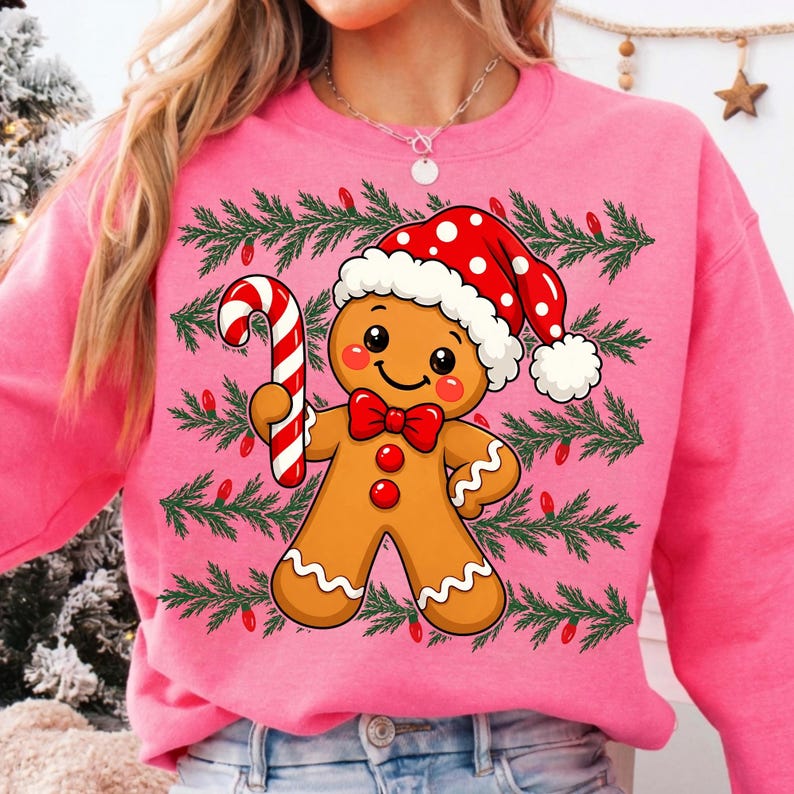 Image of Gingerbread Christmas PNG, Cute Gingerbread Man Candy Cane Sublimation, Retro Holiday Shirt Design, Digital Download