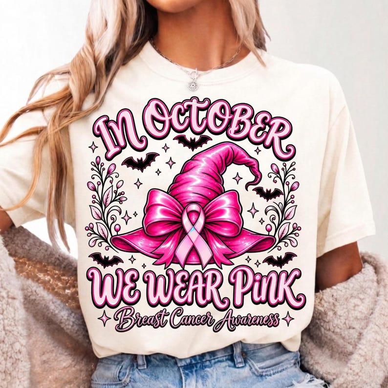 Image of October Breast Cancer Awareness Sweatshirt, Pink Ribbon Halloween Shirt, Witch Hat Crewneck, Wear Pink Support Shirt, Pink October Gift