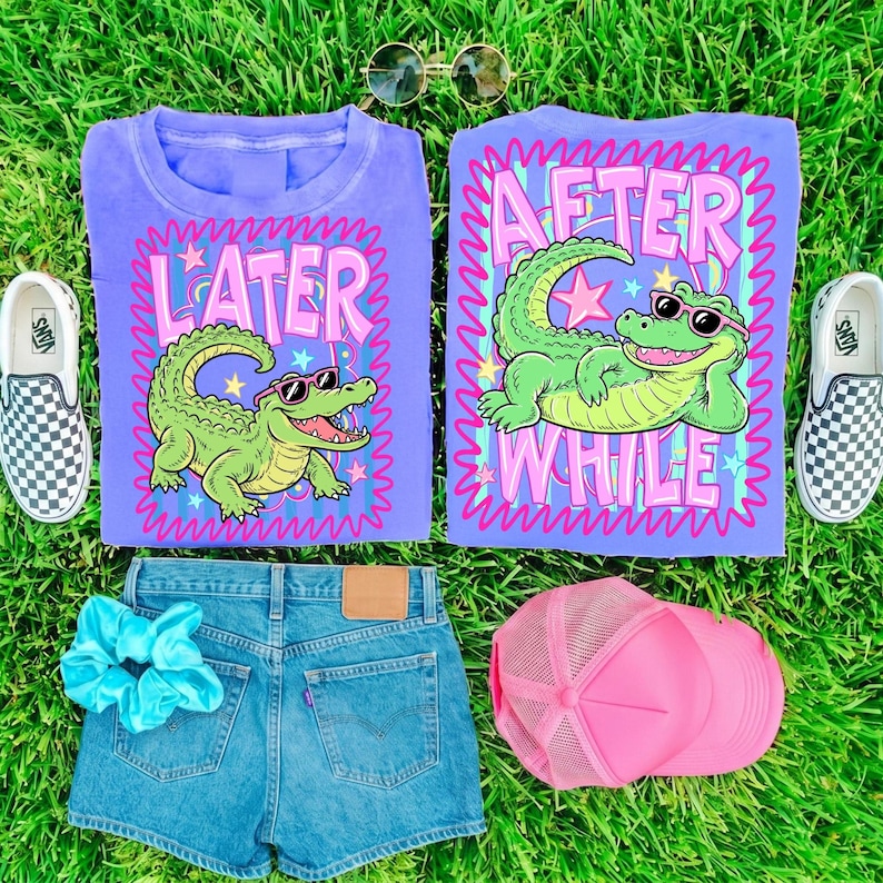 Close-up of the Retro Striped Alligator Sublimation Design, showcasing the vibrant colors and cute preppy style perfect for crafters.