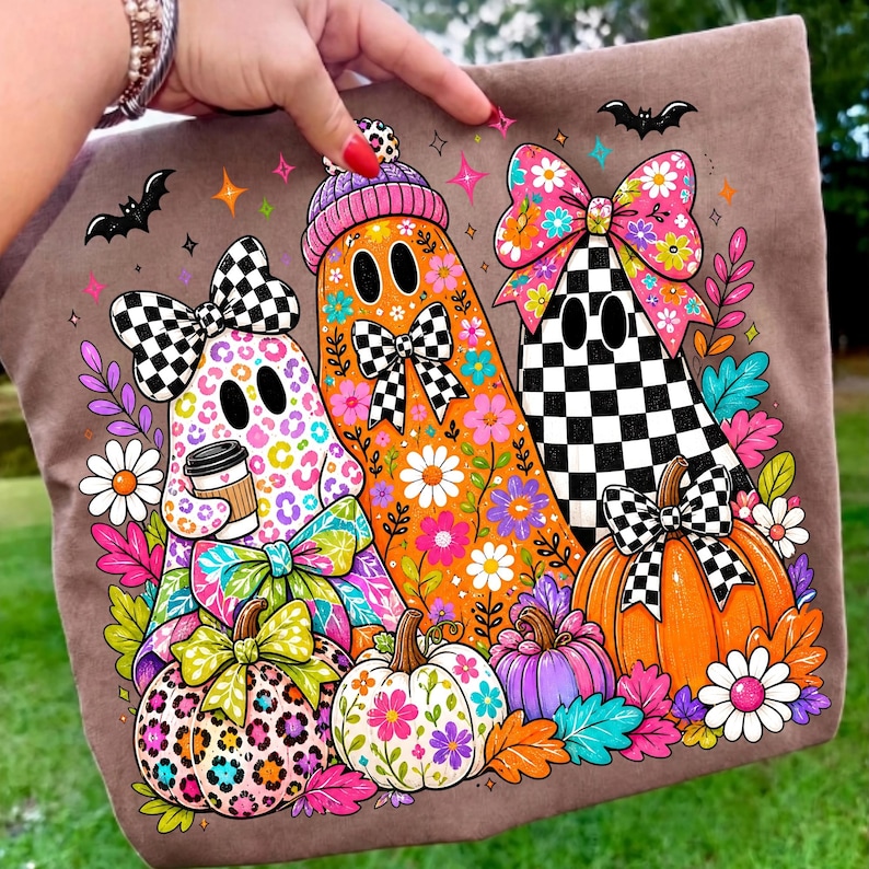 Image of Preppy Halloween Ghost PNG, Colorful Floral Pumpkin Bow Sublimation, Girly Spooky Season Digital Download
