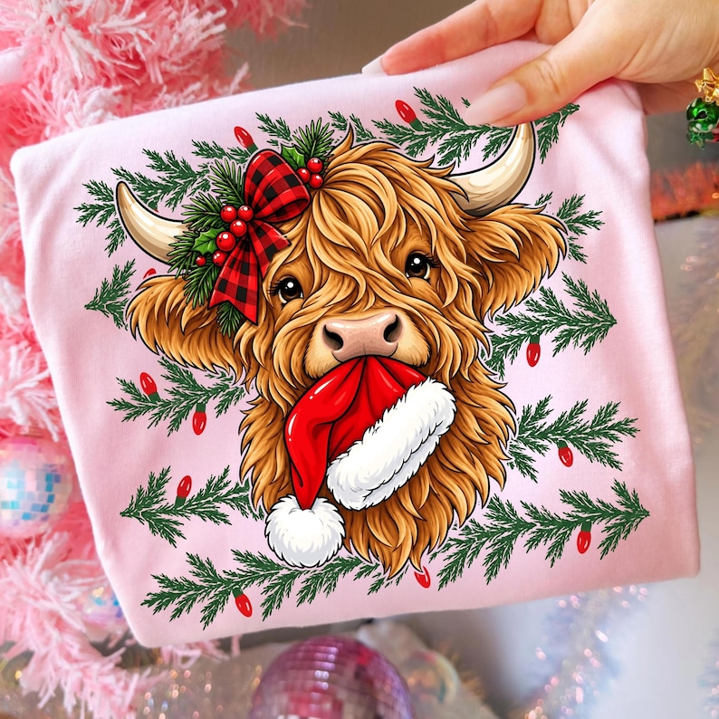 Close up of coquette cowgirl Santa hat Highland cow digital print design