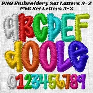Op de afbeelding: Kleurrijke geborduurde letters en cijfers in verschillende kleuren, waaronder rood, groen en blauw. De afbeelding bevat het alfabet van A tot Z en de cijfers 0 tot 9. De tekst "PNG Embroidery Set Letters A-Z" staat bovenaan.