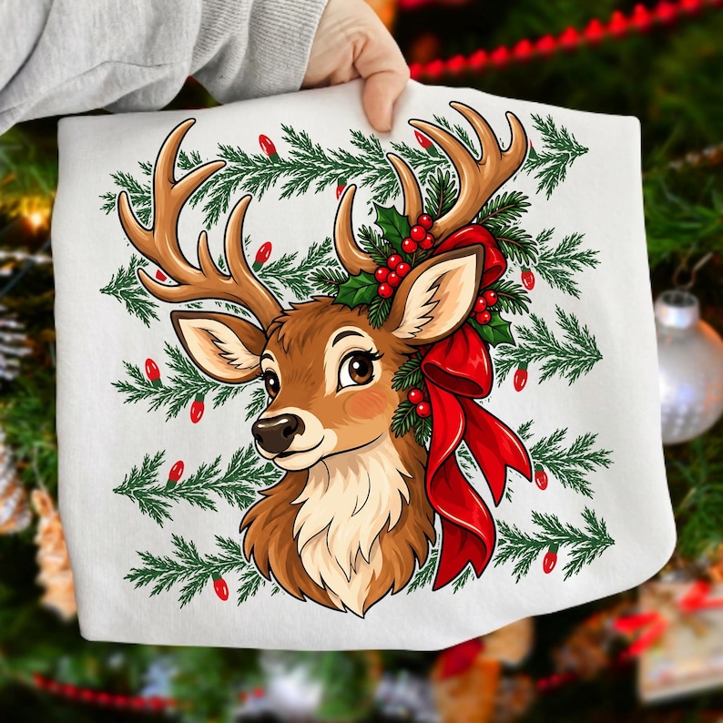 Image of Reindeer Christmas PNG, Vintage Woodland Reindeer Sublimation, Hand Painted Christmas Deer Shirt Design, Xmas Digital Download