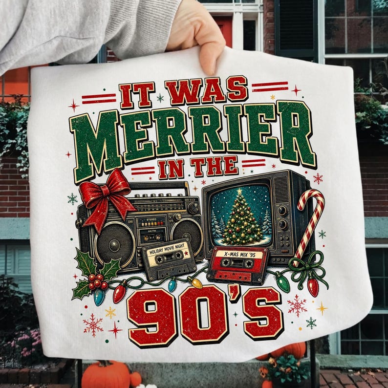 Image of It Was Merrier in the 90s Christmas Sweatshirt, Retro 90s Holiday Crewneck, Vintage Style Christmas Pullover, Nostalgic Xmas Gift