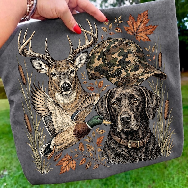 Image of Deer Duck Hunting Dog PNG, Camo Hunter Hat Sublimation, Mallard Labrador Wildlife Design, Rustic Fall Hunting Shirt PNG