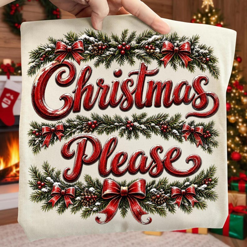 May include: A cream-colored fabric square featuring the red text Christmas Please in a cursive font. The text is framed by green pine branches, red berries, pinecones, and red bows arranged in a decorative border pattern on the front.