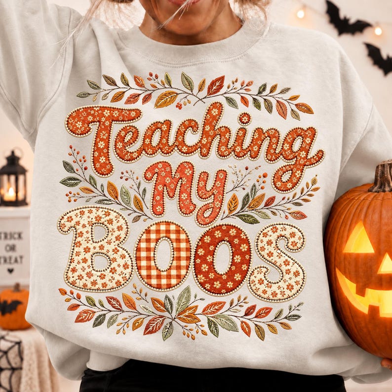 Image of Teaching My Boos PNG, Fall Teacher Sublimation, Retro Floral Autumn Teacher Shirt Design, Halloween Classroom Digital Download