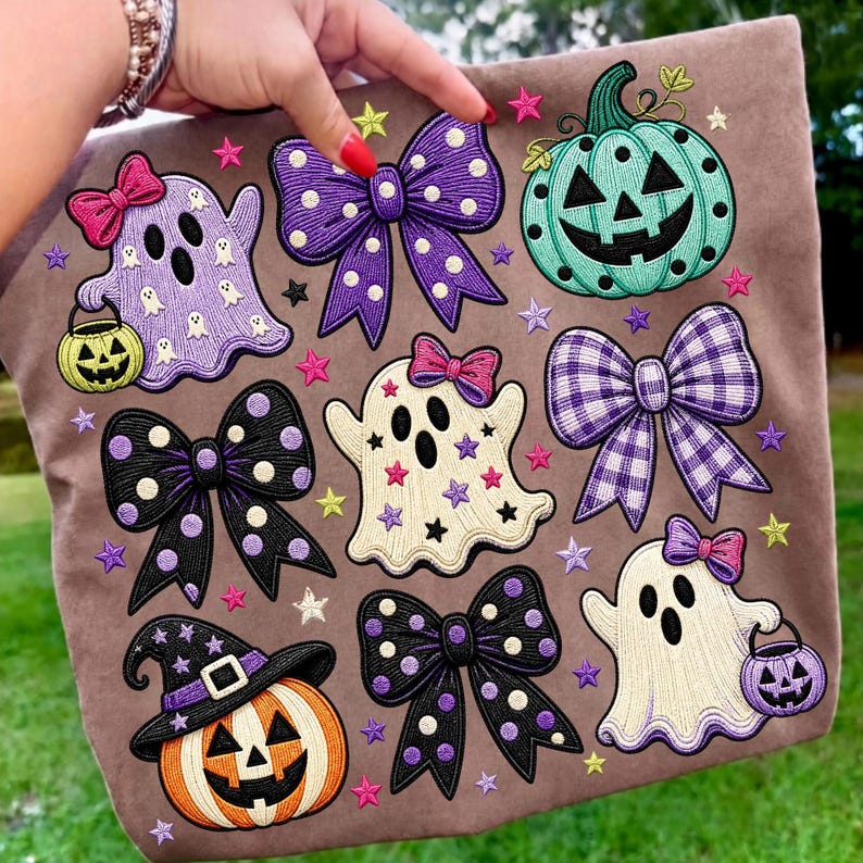 Image of Preppy Halloween PNG, Coquette Ghost Bow Sublimation, Cute Pumpkin Ghost Collage, Girly Spooky Season Digital Download