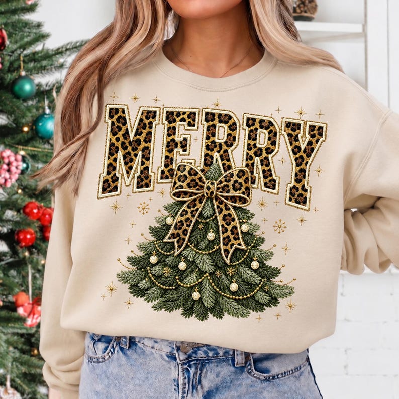 Image of Merry Christmas PNG, Leopard Bow Christmas Tree Sublimation, Coquette Holiday Shirt Design, Animal Print Digital Download