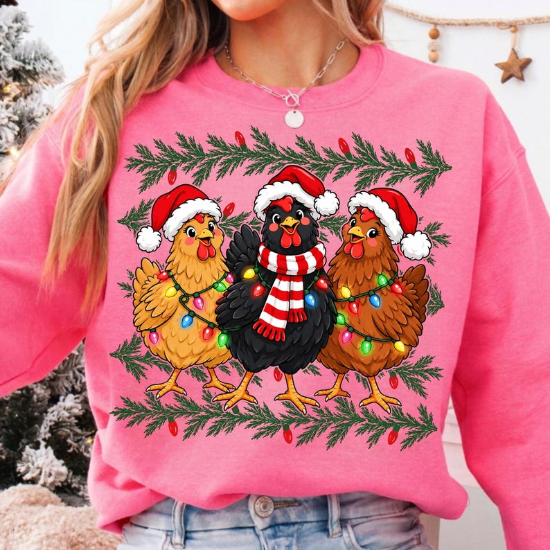 Image of Chicken Christmas PNG, Coquette Christmas Chicken Bow Sublimation, Farmhouse Holiday Shirt Design, Chicken Mom Digital Download