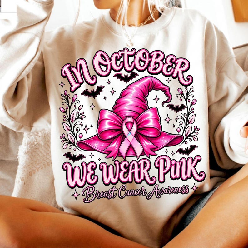 Versatile Pink October Witch Hat Design on Mug and Tote Bag