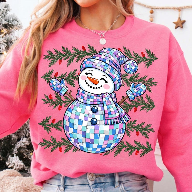 Image of Colorful Christmas Disco Snowman PNG, Girly Winter Snowman Sublimation Merry Christmas Holiday Shirt Design, Bright Festive Digital Download