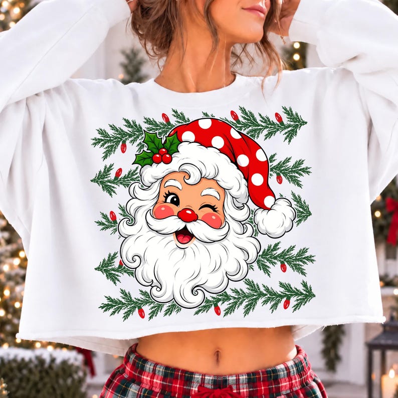 Image of Retro Santa Christmas PNG, Polka Dot Santa Face Sublimation, Trendy Holiday Shirt Design, Aesthetic Xmas Digital Download